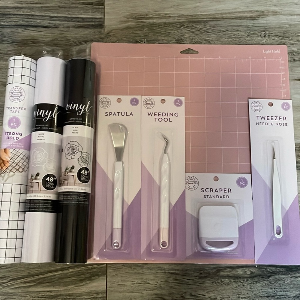 Cricut Bundle, accessories, tools, black and white vinyl, transfer tape and mat